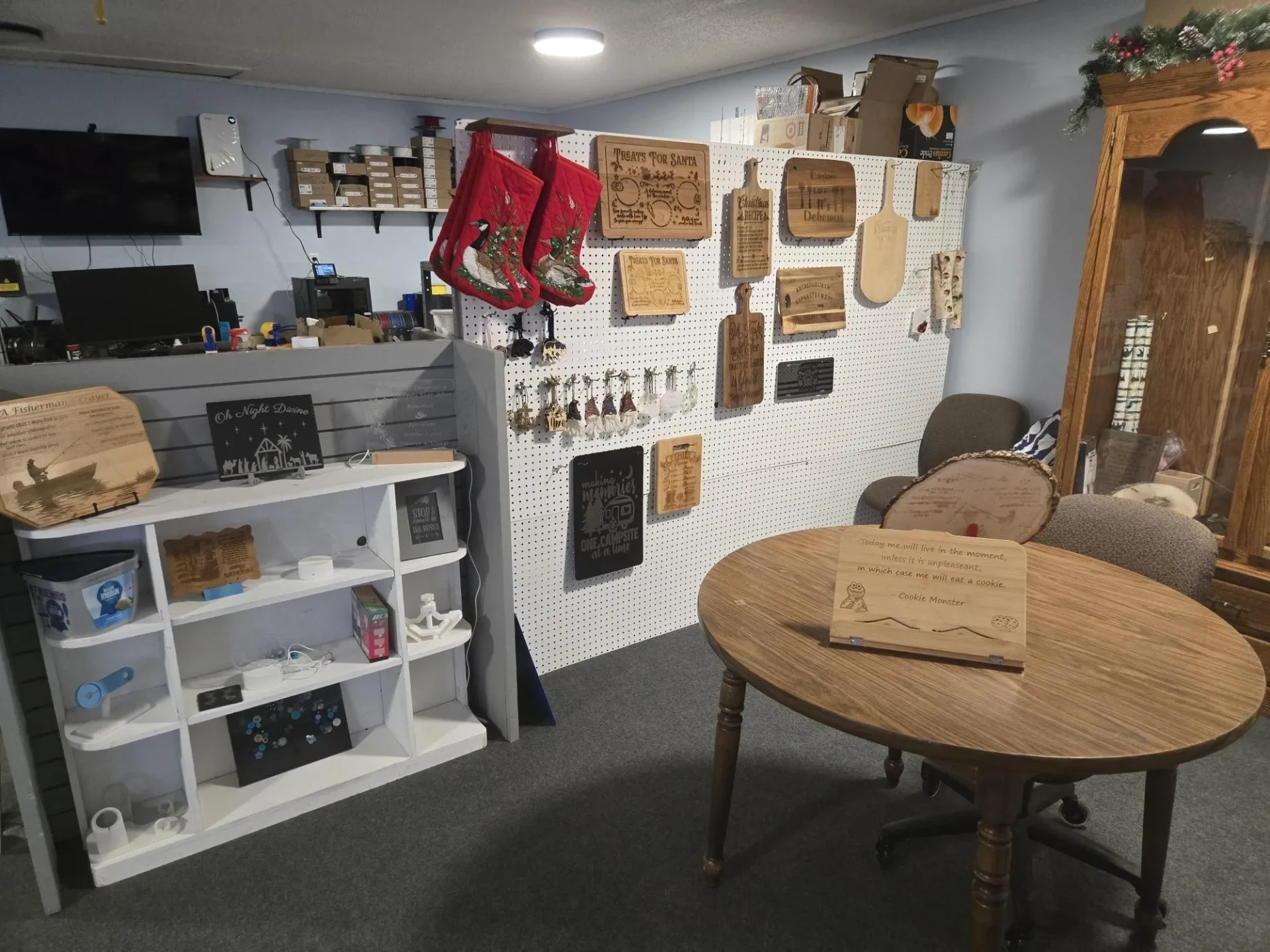 Craft shop with wooden items on display.