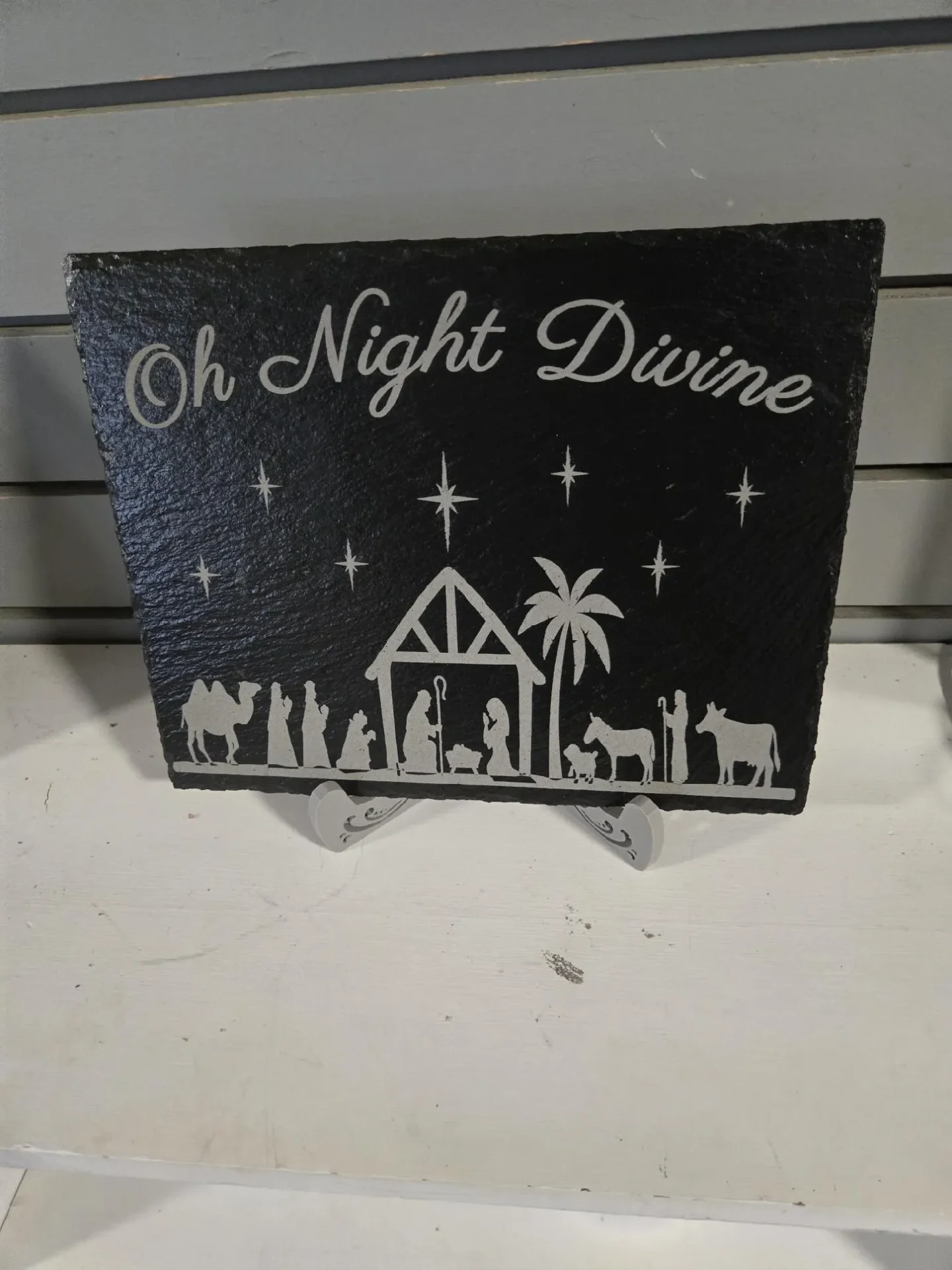 Nativity scene with "Oh Night Divine" text.